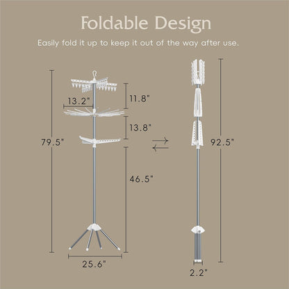 Beaudaily Clothes Drying Rack, Foldable 79.5-Inch Laundry Drying Rack,3 Tie, with Rotatable Arms, Stainless Steel, Holds 27 Clothes,8 Towels and 24 Clips for Hanging Socks, White and Silver