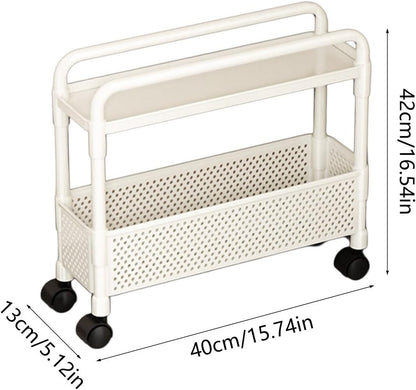 2-Tier Rolling Storage Cart with Wheels, Slim Plastic Organizer Rack for Kitchen, Bedroom, and Bathroom, 15.74x5.12x16.54in (White)