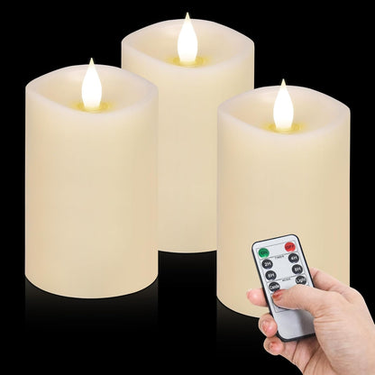 3x4 Flickering Flameless Candles Set of 3,Real Wax Pillar LED Candles,with Timer,4 inch Flameless Candles with Remote,for Party Wedding Holiday Home Decor,Ivory