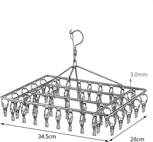 JPORSHU Sock Folding Stainless Steel Sock Drying Rack with 46 Clips,Metal Sock Hangers with Clips，360 DegreesSwivel Hook Wind-Proof Clothes Hanger Rack,for Sock, Bras, Underwear, Laundry Accessories