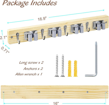 OUTNILI Mop and Broom Holder Wall Mount - Wood Broom Mop Hanger - Wall Mounted Garden Tool Rack Organizer for Closet Garage Laundry Room for Rustic Kitchen Decor With 5 Slots & 4 Hooks