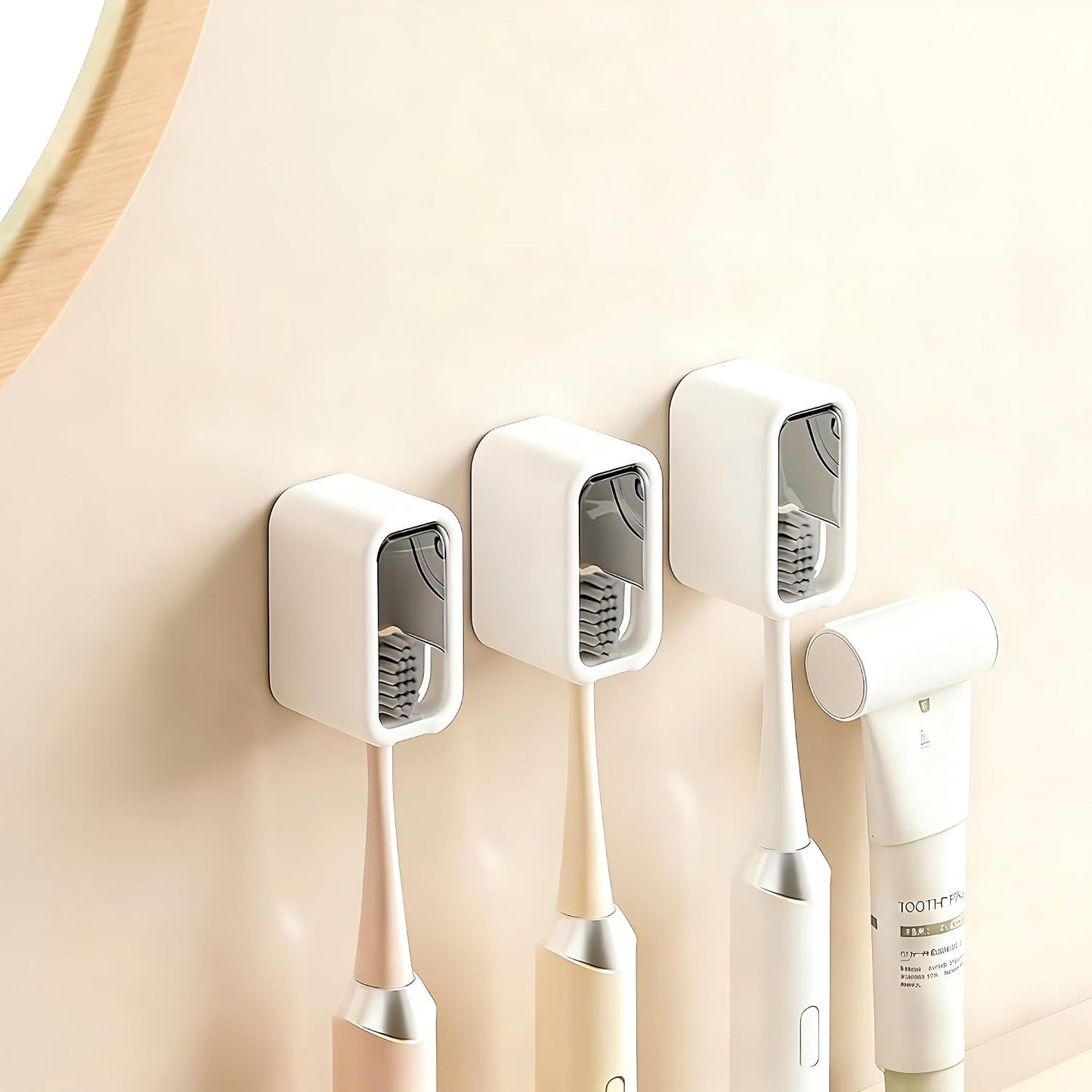 Wall-Mounted Toothbrush Holder with Toothpaste Squeezer, 4-Pack | Strong Self-Adhesive, With Cover, Family Toothbrush Head Organizer, Includes Toothpaste Squeezer