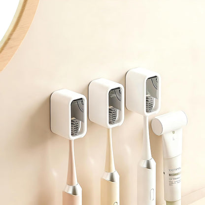Wall-Mounted Toothbrush Holder with Toothpaste Squeezer, 4-Pack | Strong Self-Adhesive, With Cover, Family Toothbrush Head Organizer, Includes Toothpaste Squeezer