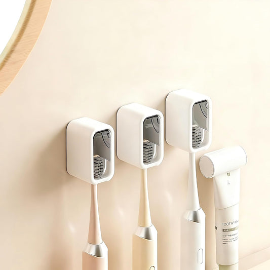 Wall-Mounted Toothbrush Holder with Toothpaste Squeezer, 4-Pack | Strong Self-Adhesive, With Cover, Family Toothbrush Head Organizer, Includes Toothpaste Squeezer