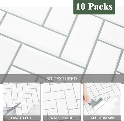 Peel and Stick Backsplash Herringbone White 10 Sheet Peel and Stick Shower Tile Waterproof 3D Tile Sticker Glossy Self Adhesive Renter Friendly Backsplash Herringbone for Kitchen Bathroom Laundry Room