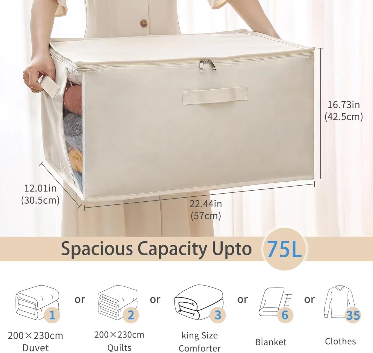 Canvas Comforters Bags Closet Organizers and Storage for Quilts Clothes Organization Containers Bins with Sturdy Zipper, Clear Window 75L for Sweaters Blankets Storage Bedroom Collapsible
