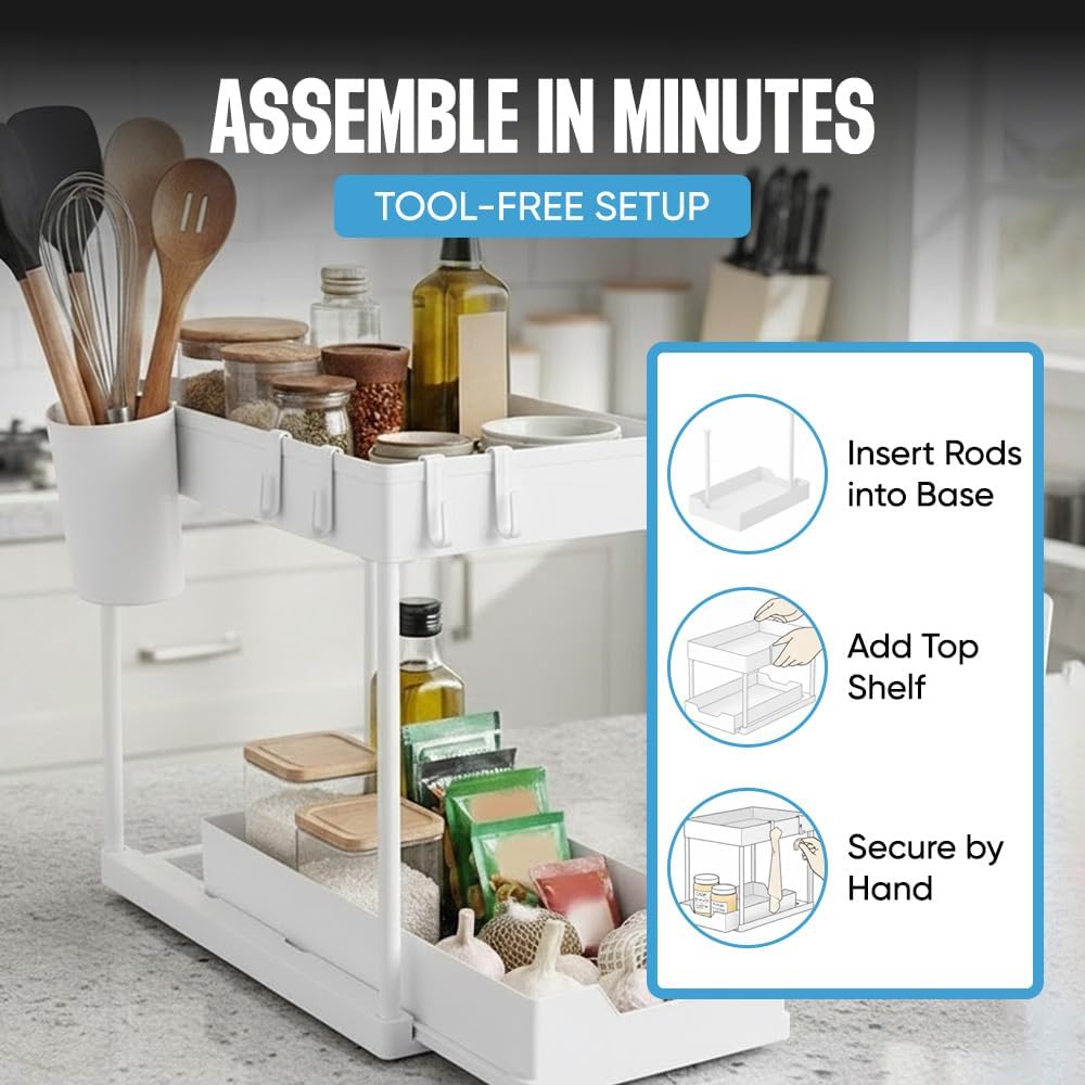 Undersink Organizer, 2-Tier Under Sink Storage Rack with Sliding Drawers for Kitchen Bathroom Cabinets, Pull Out Organizer for Pantry, Laundry Room & Closet Organization - 1 Pack, Black