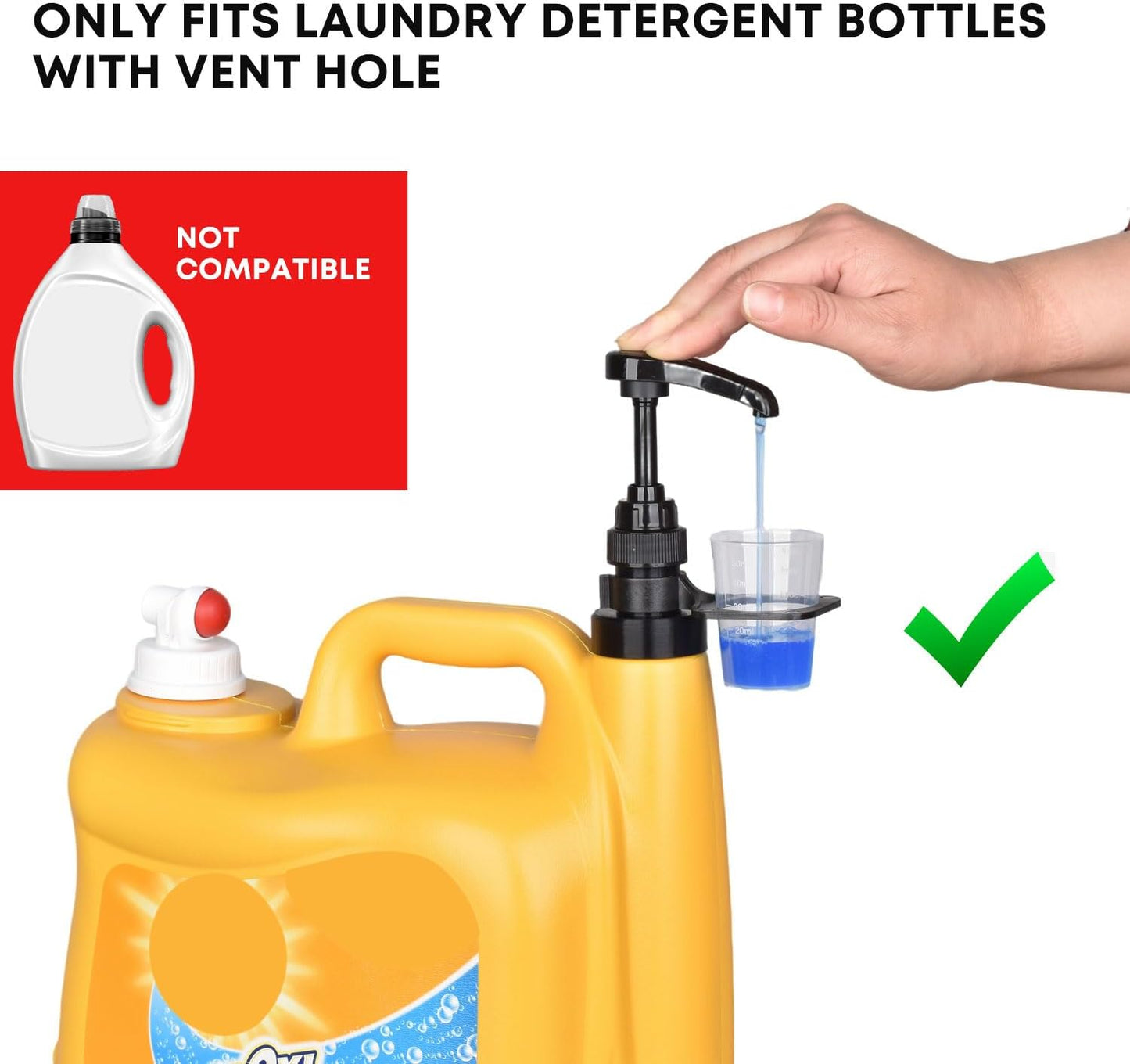 Vent Hole Pump for Liquid Laundry Detergent Bottle Dispenser Pump with Cup Holder and Measuring Cup, Ideal for Laundry Room Accessories Storage Organization, Made to Fit All, 1 Pack, Black