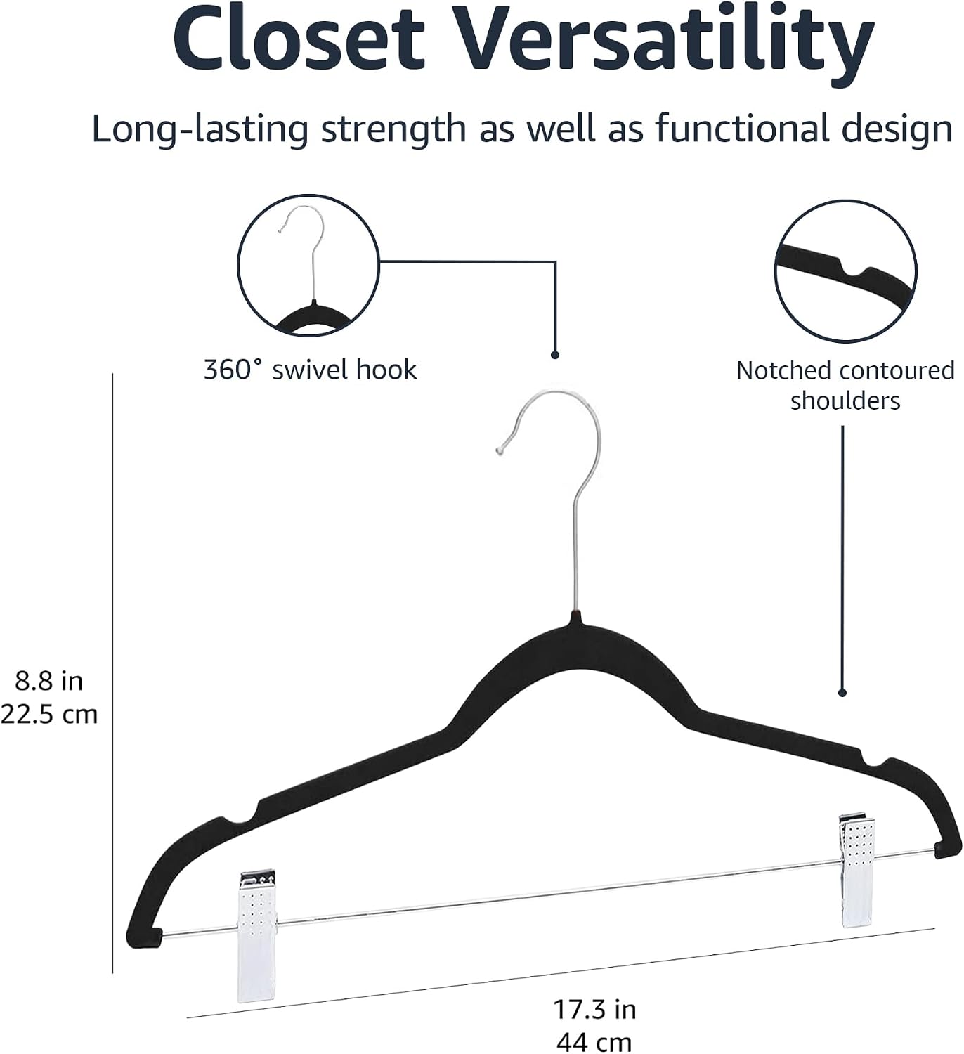 Amazon Basics Velvet Non-Slip Skirt Clothes Hangers with Clips, 360 Degree Rotatable Hook, Organize Pants and Skirts, Black/Silver, 24-Pack