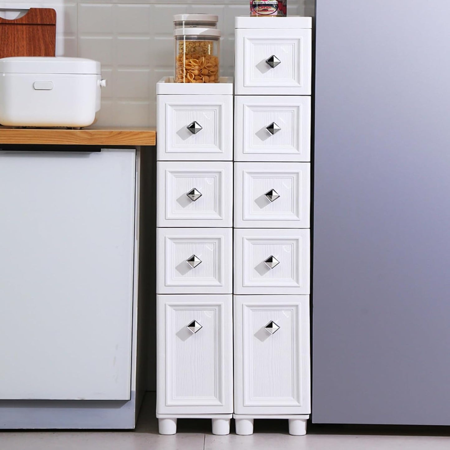 4 Drawer Narrow Floor Cabinet,4 Tier Plastic Slim Storage Cabinet with Drawers,Rolling Storage Cart with Drawers for Small Space,Bathroom,Living Room(8.7" W)