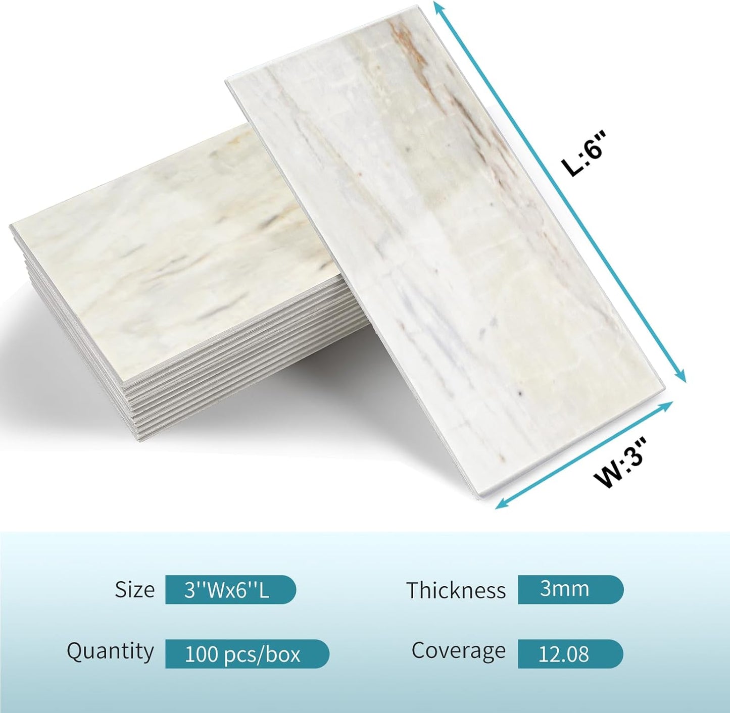 Vamos Tile 100-Piece Glossy Dolomite White Peel and Stick Backsplash Tile,3''x6'' PVC Subway Tile with White Grout, Stick on Backsplash for Kitchen/Bathroom/Fireplace