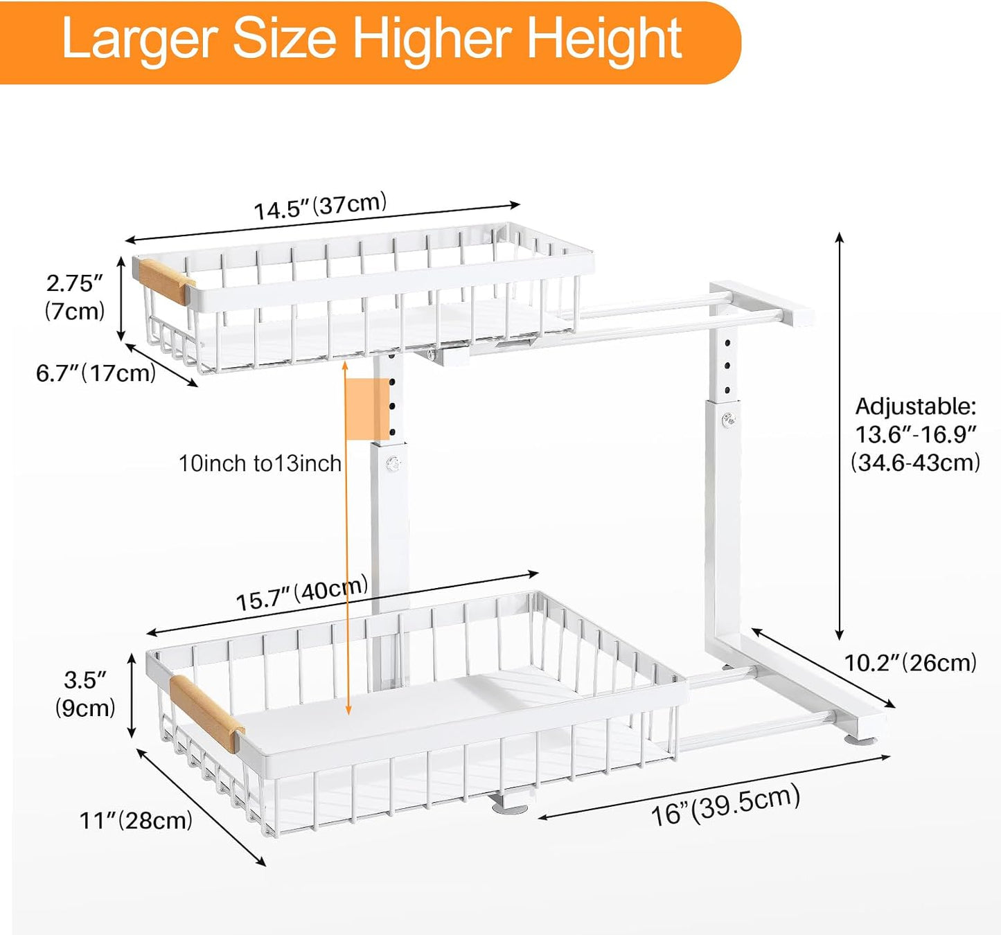 PXRACK Under Sink Organizer, Adjustable Height, 2 Tier Pull Out Under Cabinet Organizer, Slide Out Thickened Metal Under Sink Storage for Kitchen Bathroom Laundry Pantry Cabinet, White, Large-1-Pack