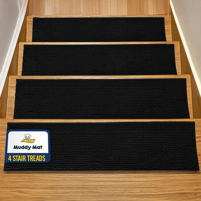 Muddy Mat® Pack of 4 - Soft Chenille Stair Treads Non-Slip Reusable, Super Absorbent Stair Treads for Wooden Steps, Tile & Marble Floor, Easy to Install & Machine Washable - Brown 30'' x 7''