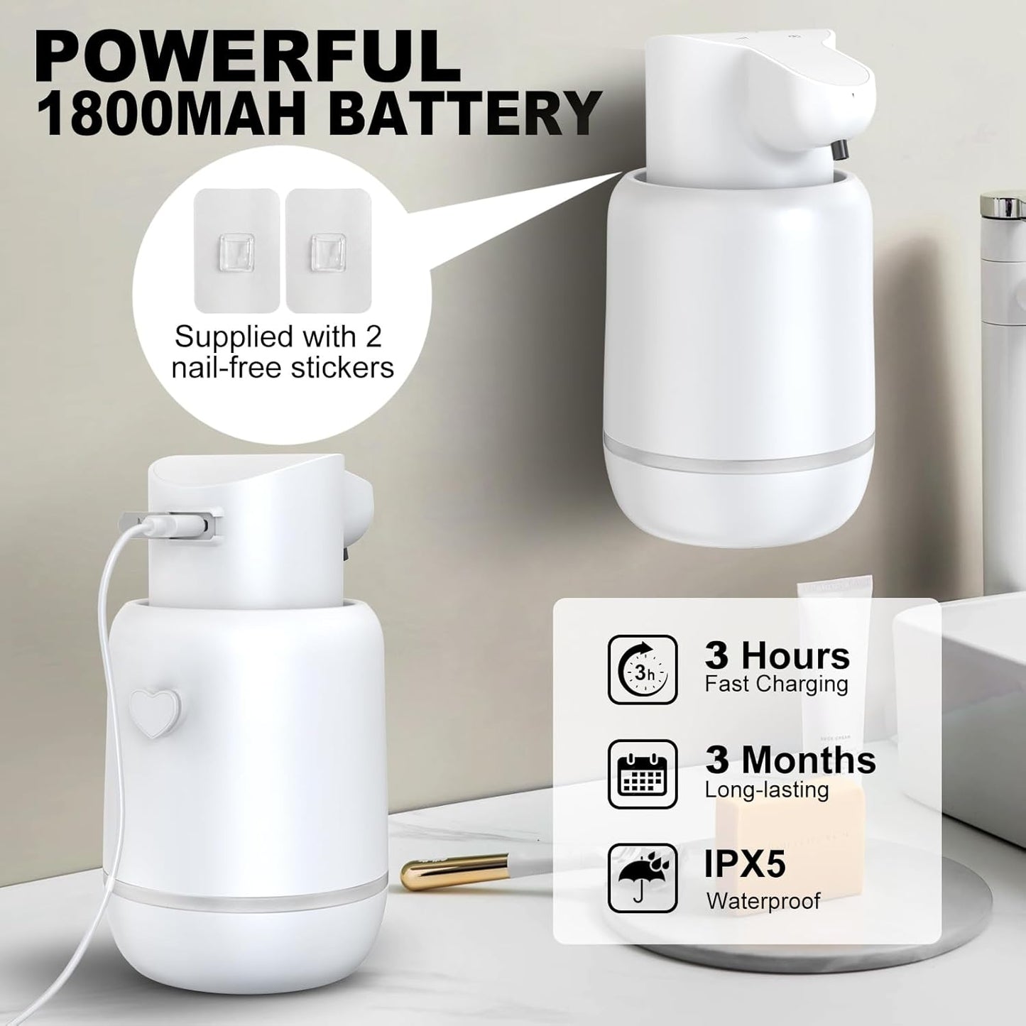 Automatic Foaming Soap Dispenser 15oz/420ml Foaming Hand Sanitizer Touchless Wall Mount with 4levels Adjustable Free Touch Electric Soap Dispenser Rechargeable with Sensor(White)
