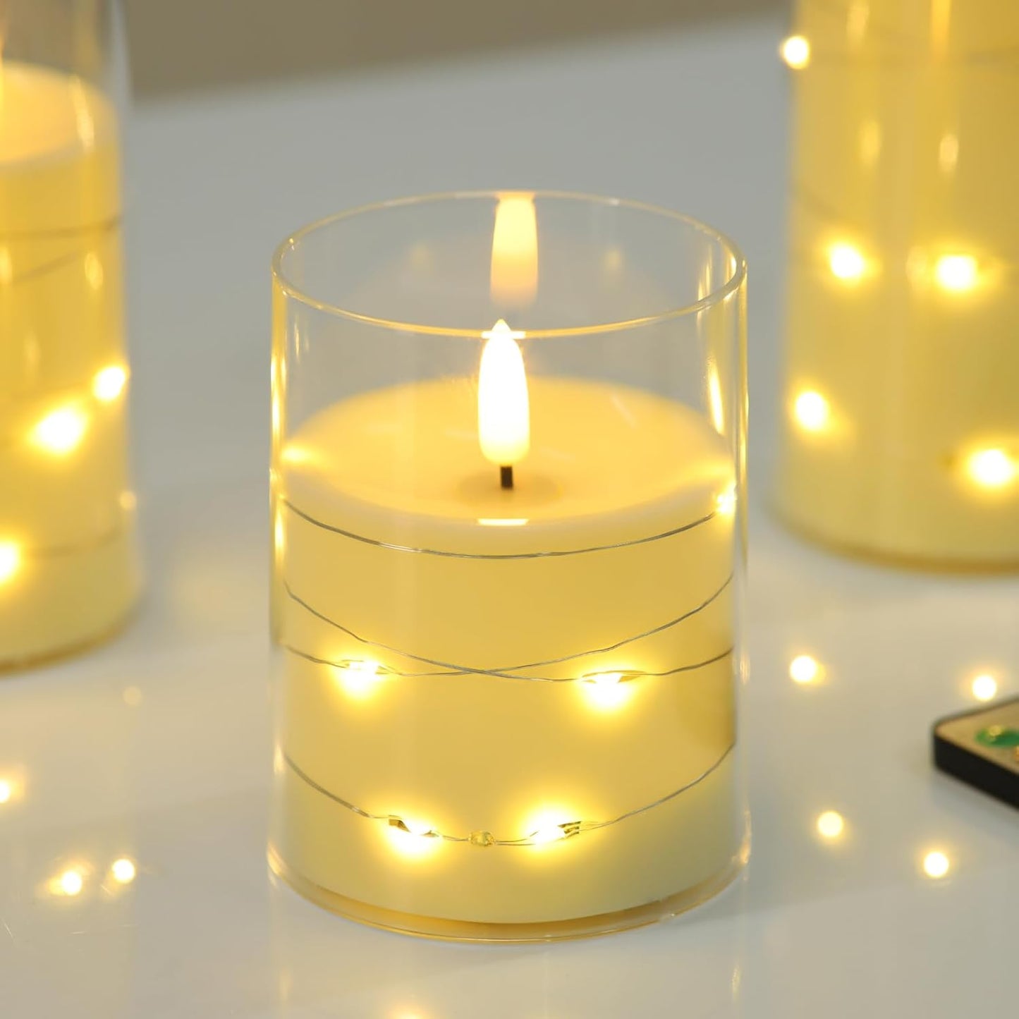 Blue Flameless Candles with Remote, Real Wax Glass Battery Operated Candles with Timer, LED Pillar Candle for Bedroom Home Wedding Birthday Party Fall Halloween Christmas Decorations, Set of 3