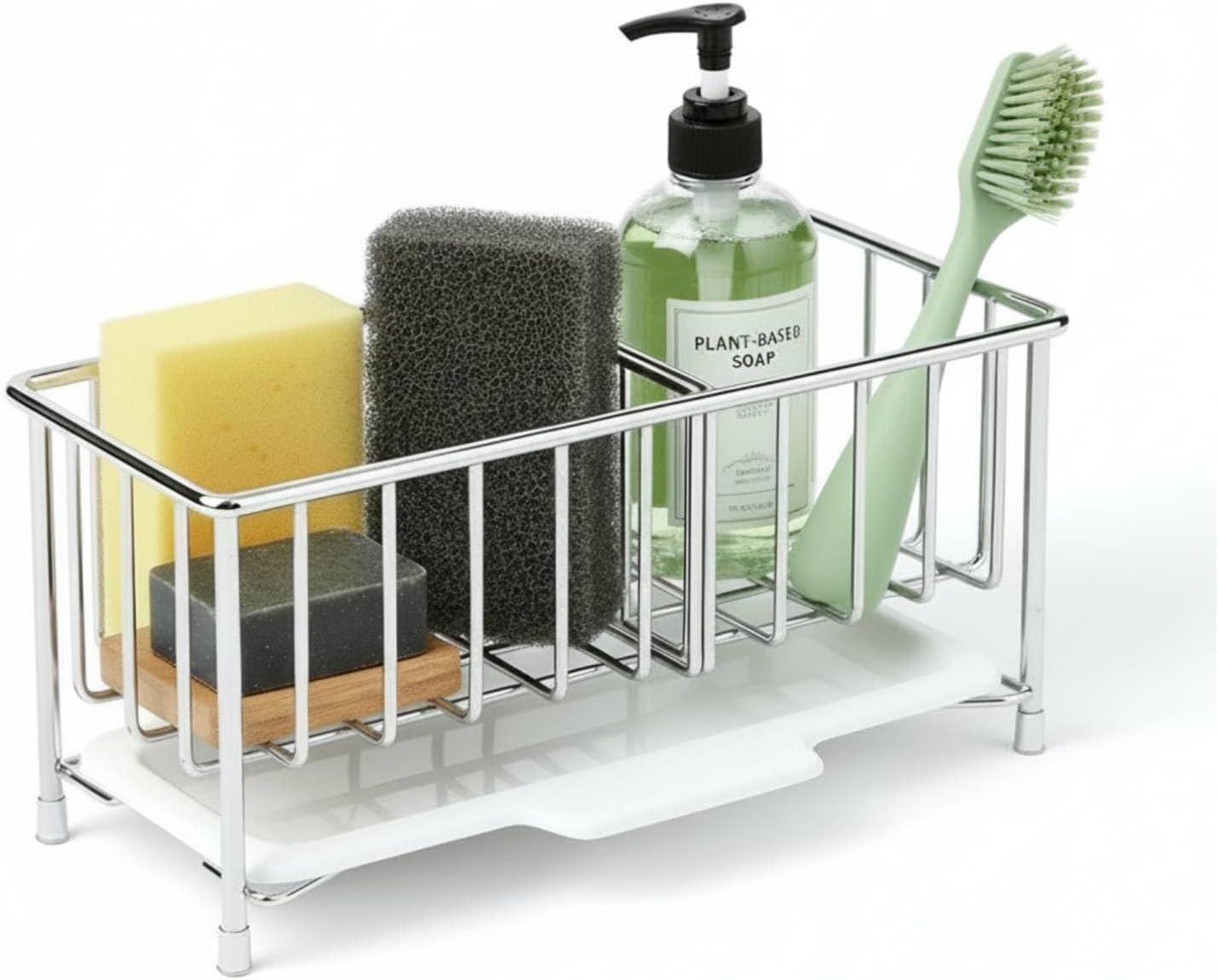 Kitchen Sink Sponge Holder, 304 Stainless Steel Soap Dispenser Caddy Organize, Kitchen Sink Brush Caddy Holder with Removable Drain Tray