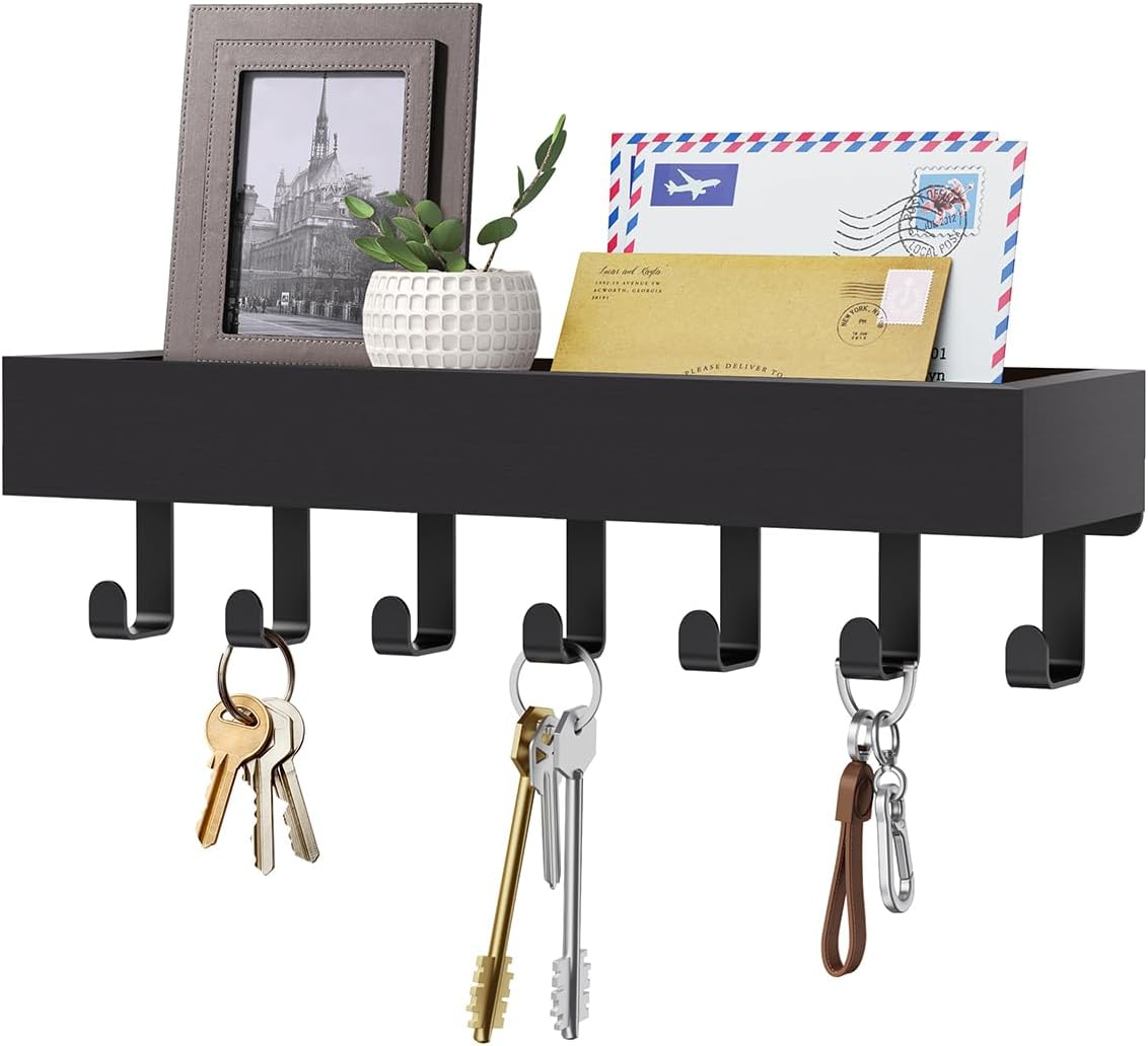 Key Holder Wall Mount Adhesive Magnetic - Hanging Key Hooks with Mail Organizer for Wallet House Accessories - Keys Hanger Rack with Shelf for RV Camper Entryway Door Home Living Room Decor Black