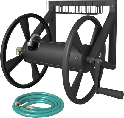 Artigarden Triangle Wall Mounted Garden Hose Reel, Outdoor Heavy-Duty Water Hoses Holder Winder, Holds 125 Ft of 5/8-Inch Hose, with 3.9 ft Leader Hose, Brass Fitting, Storage Basket for Yard, Black