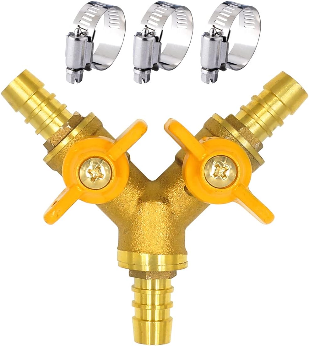 brass 3/4 inch O.D. barb three way shut off ball valve for gas hose air water pvc pex garden tubing fuel line, tee switch splitter fitting