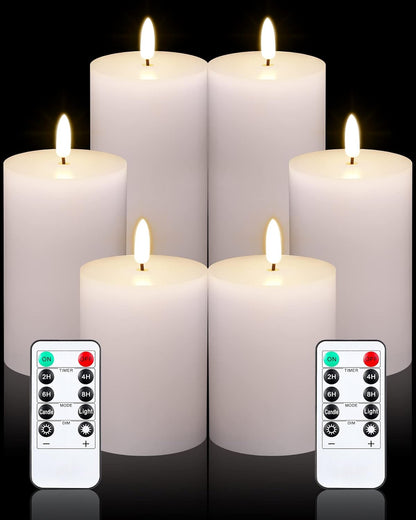Leelosp 6 Pack Flameless Candles with Remote Timer, Battery Operated Flickering Flameless Candles Bulk Flat Top Pillar LED for Wedding Festival Outdoor Home Decor D 3'' H 4'' 5'' 6''(White)