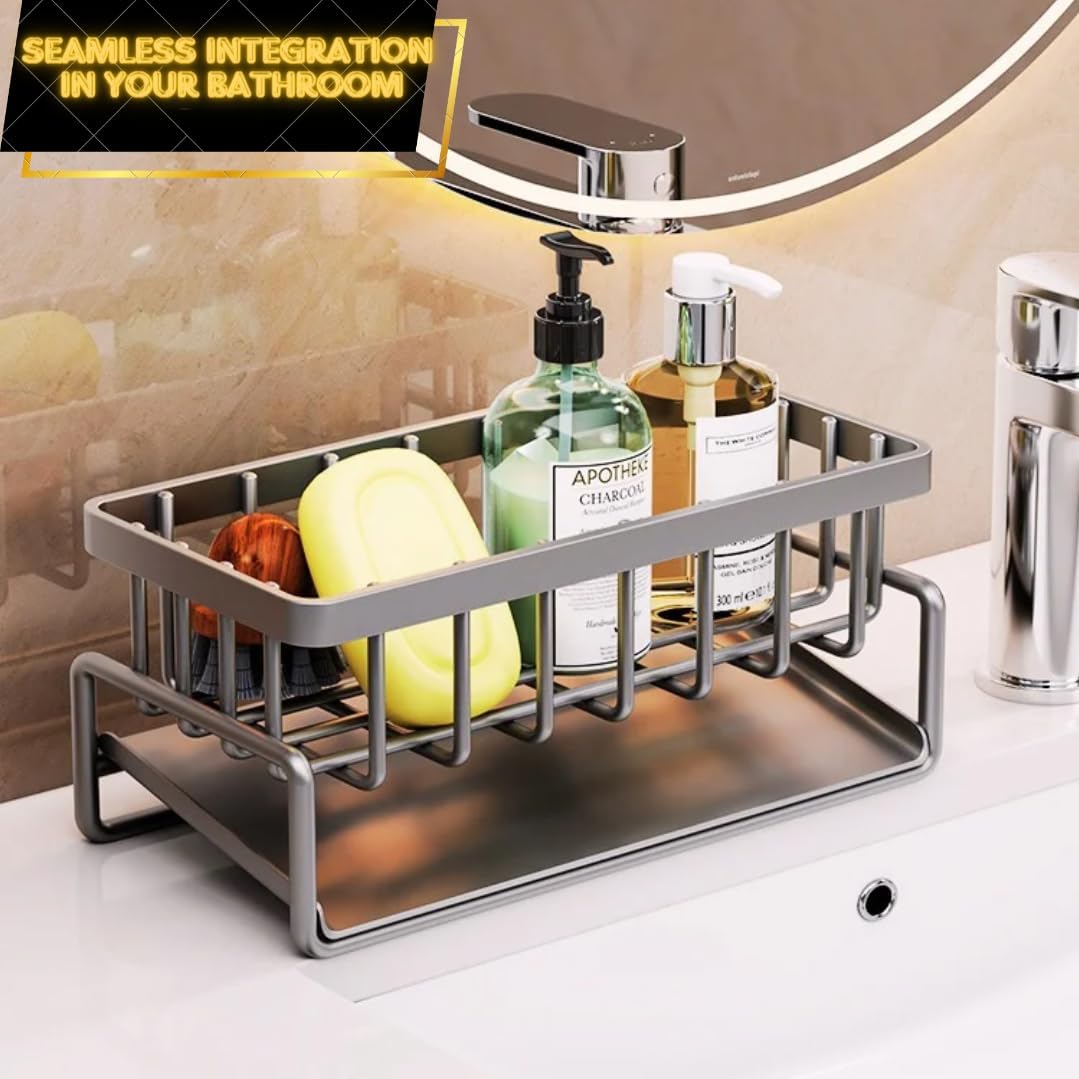 Black Kitchen Sink Caddy Organizer - Sponge Caddy with Self-Draining Tray, Stainless Steel Sink Caddy Kitchen Sink Organizer, Non-Slip Sink Drying Rack for Dishwashing Supplies