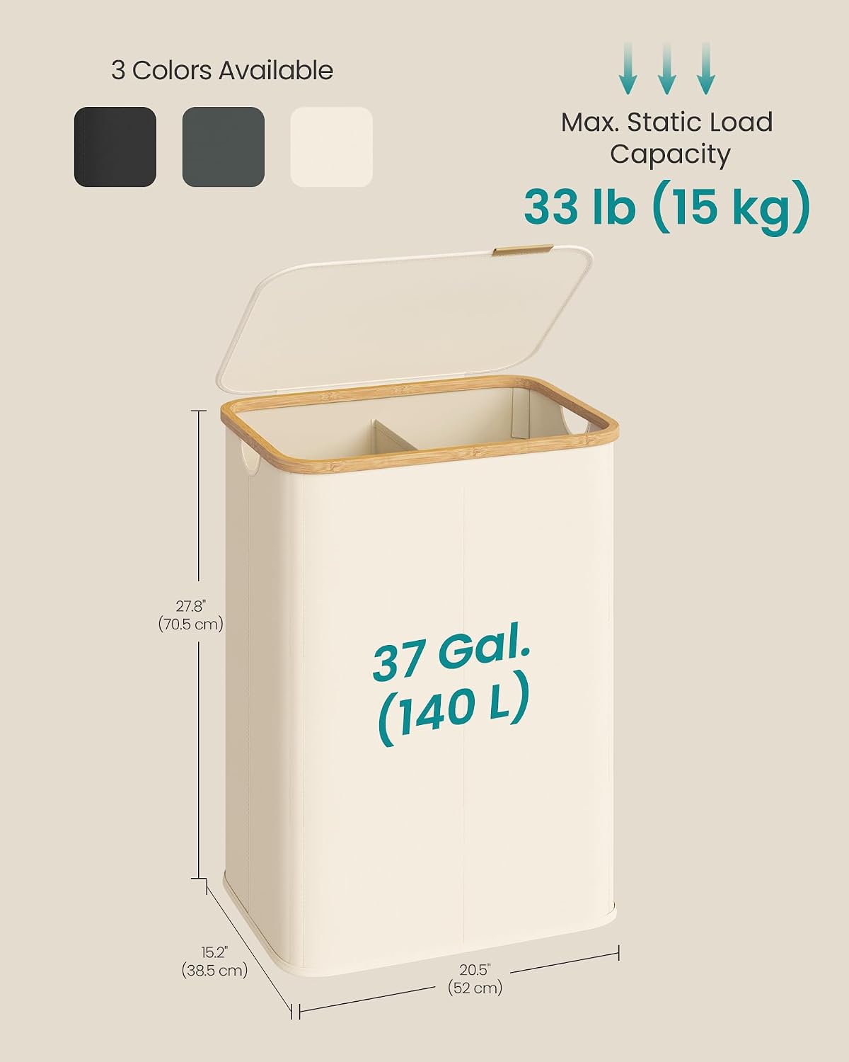 SONGMICS Laundry Hamper, Laundry Basket with Lid, Foldable Storage Basket, Bamboo Frame, for Bedroom, Living Room, Oxford Fabric, 37 Gal. (140 L), Cream White ULCB519WD01