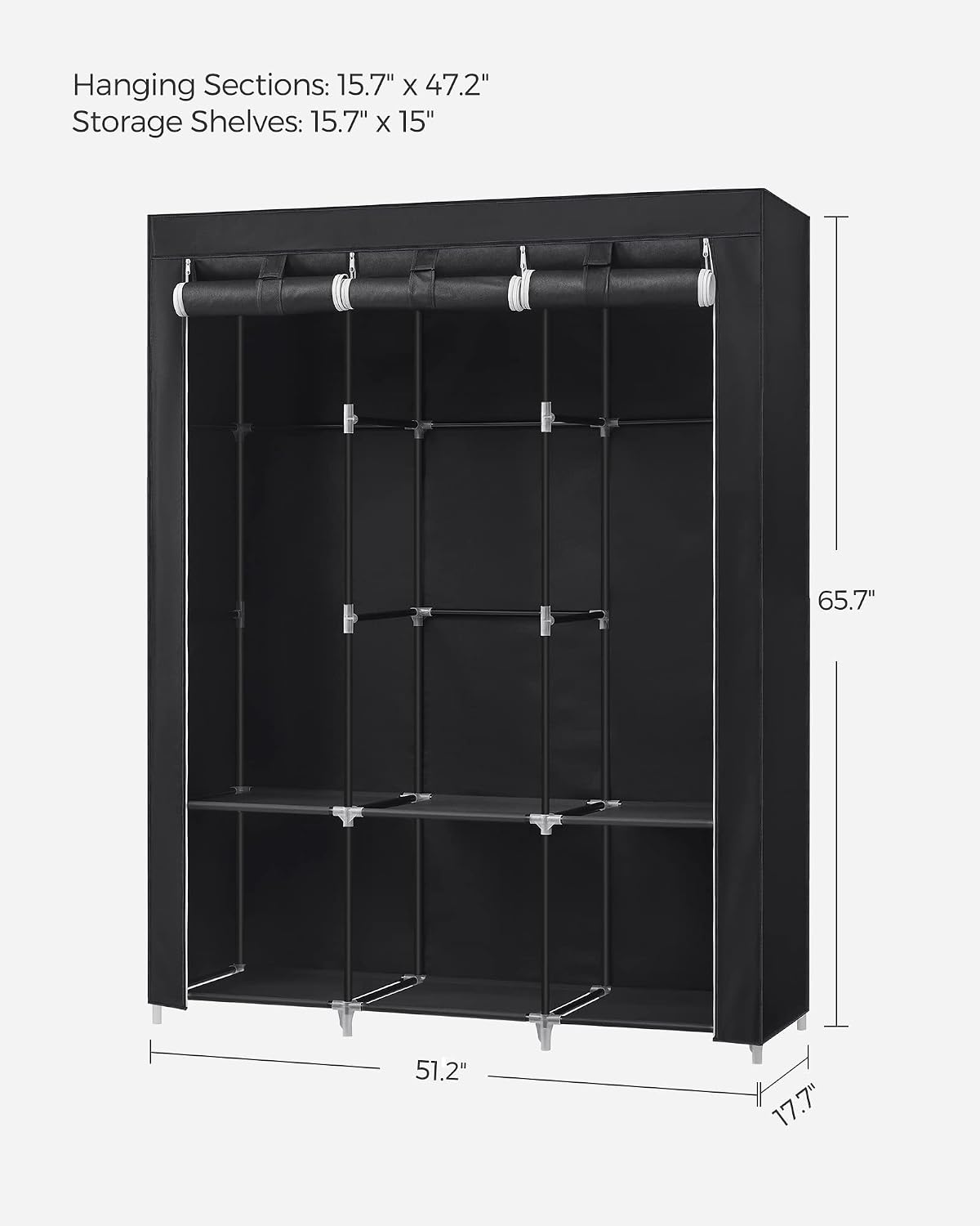 SONGMICS Portable Closet, Wardrobe Closet Organizer with Cover, 3 Hanging Rods and Shelves, 4 Side Pockets, 51.2 x 17.7 x 65.7 Inches, Large Capacity for Bedroom, Living Room, Ink Black URYG092B02