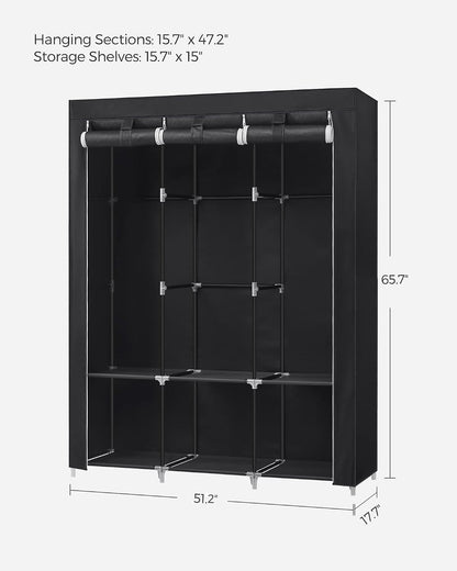 SONGMICS Portable Closet, Wardrobe Closet Organizer with Cover, 3 Hanging Rods and Shelves, 4 Side Pockets, 51.2 x 17.7 x 65.7 Inches, Large Capacity for Bedroom, Living Room, Ink Black URYG092B02