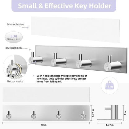 VIS'V Key Holder Wall Mount, Large Adhesive Key Hanger with 4 Hooks, Black | Metal Material, No Drilling, Extra Adhesive Strip, Suitable for Entryway, Hallway, Doorway, Kitchen, Garage, Camper