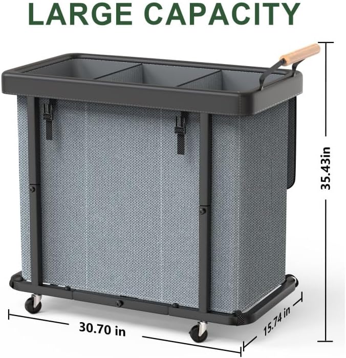 230L (60 Gal) Extra Large Fashion Laundry Sorter 3 Section with Lid, Rolling Laundry Basket Hamper with Handle, Laundry Organizer Storage Cart with Sturdy Metal Frame for Laundry Room, Hotel, White