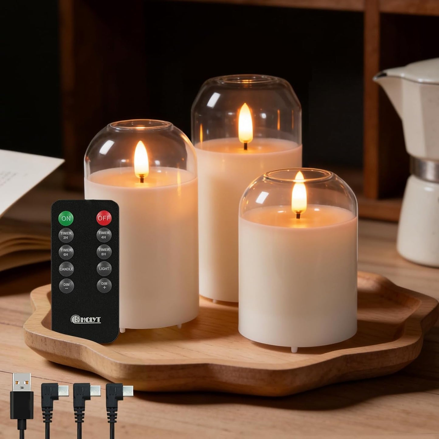 LEDHOLYT Rechargeable Flameless Glass Pillar Candles–Gifts for Women,–Set of 3, Realistic Flickering LED Light,Remote & Timer, Ideal for Living Room, Bedroom & Festival Wedding Home Party Decor