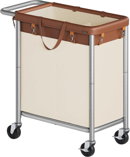 SONGMICS Laundry Basket with Wheels, 3-Section Rolling Laundry Hamper, 52.8 Gallons (200 L), Removable Liner, Steel Frame with Handle, 35.8 x 15.4 x 31.9 Inches, Cream White URLS005W01