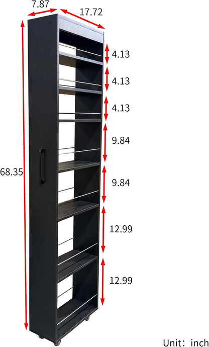7 Tier Narrow Rolling Storage Cart - Slim Pull-Out for Next to Fridge, Wooden Multi-Functional Kitchen & Laundry Organizer with Open Shelves - Space-Saving Rolling Design, Fits Tight Spaces (White)