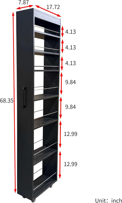 68'' Tall Narrow Storage Cabinet with Handle & Wheels, 7 Tier Pull-Out Kitchen Pantry Cart, Rolling Slim Freestanding Organizers Shelf Spice Rack for Small Spaces (White-Wheels, 7 Tier)