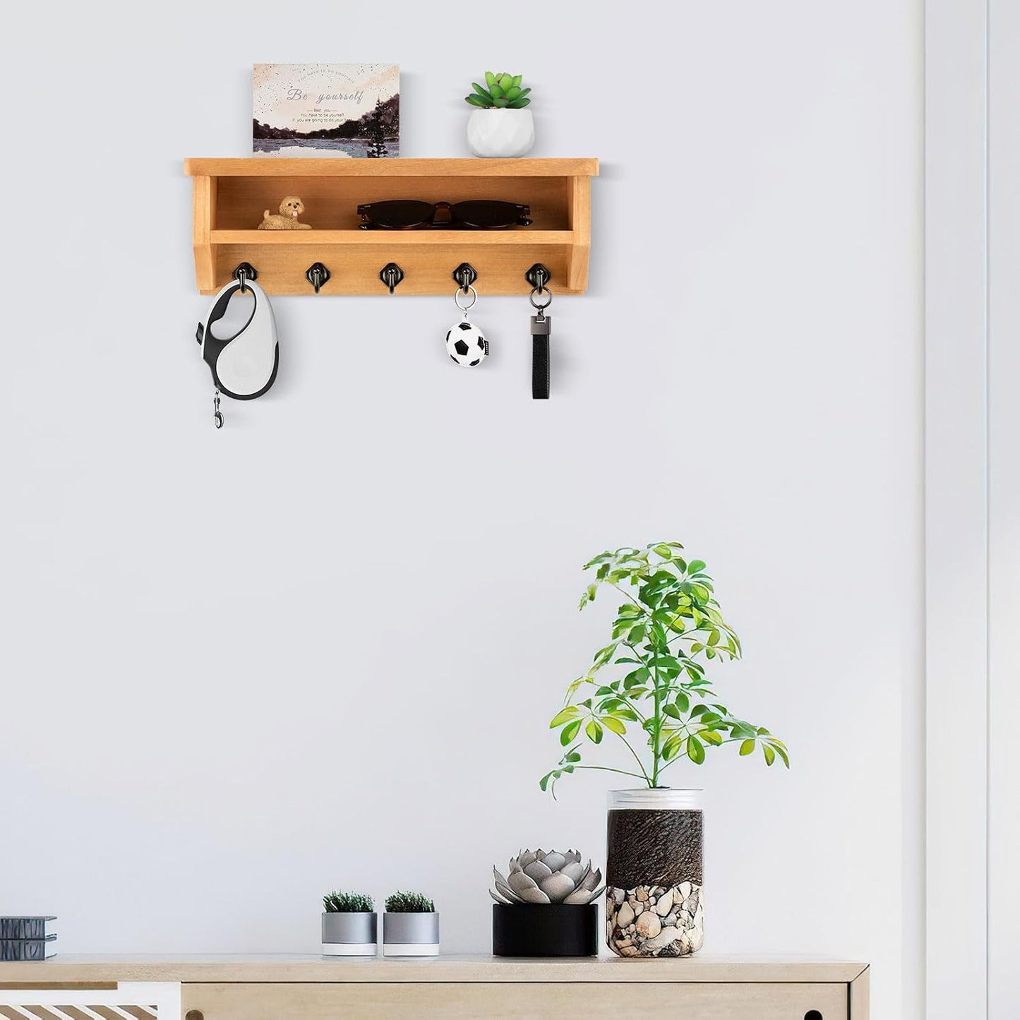 Nekon Key Holder Wall Mount, Wall Organizer Shelf with 5 Key Hooks, Room Decor for Home and Apartment Essentials, White