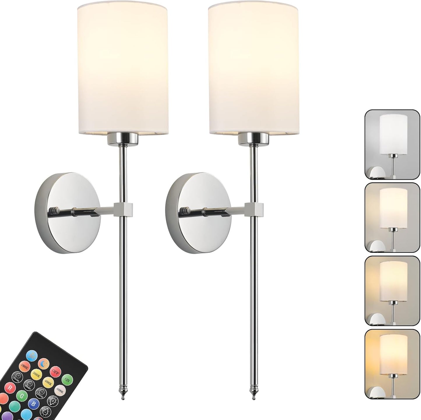 Battery Operated Wall Sconces Set of Two,Wireless Rechargeable Wall Light With Remote Control, Dimmable, Amber Light/Warm White/Natural White/Daylight/RGB, Timer,for Living Room,Bedroom,Entryway,Gold