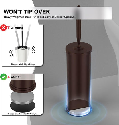 Stainless Steel Toilet Brush and Holder Set : Weighted Stable Base, Removable Inner Tube.Long Handle Toilet Bowl Brush Splash-Proof Design for Deep Cleaning & Space-Saving Storage,Nickel