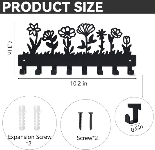 Decorative Key Holder for Wall Mounted with 8 Hooks, Cute Flower Key Rack Organizer for Entryway, Hallway, Office, Wall Mount Hanger for Keys with Mounting Hardware, Dog Leash Holder Ready to Hang