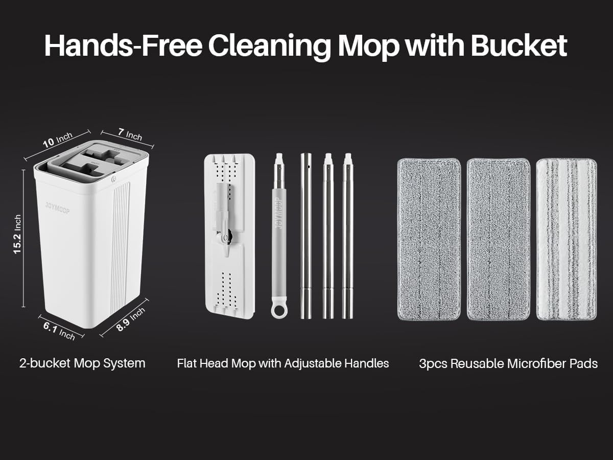 JOYMOOP Mop and Bucket Set, Flat Mops for Floor & Wall Cleaning, Commercial & Household Use, Hardwood Floor Mop with Long Handle & 4 Microfiber Pads