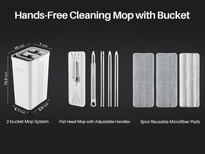 JOYMOOP Mop and Bucket Set, Flat Mops for Floor & Wall Cleaning, Commercial & Household Use, Hardwood Floor Mop with Long Handle & 4 Microfiber Pads
