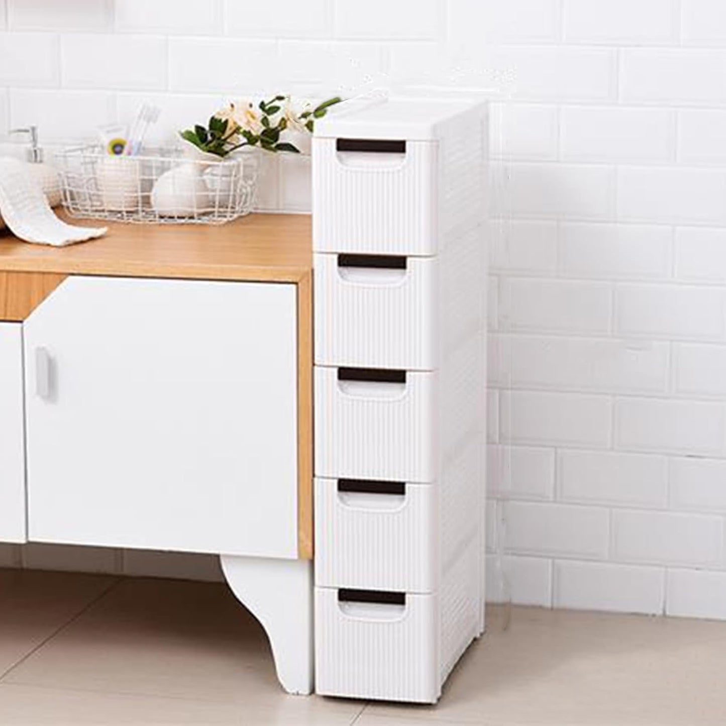 3 Drawers Slim Bathroom Storage Cabinet,Narrow Plastic Storage Cart,Rolling Dresser on Wheels for Bedroom,Living Room,Bathroom,Kitchen