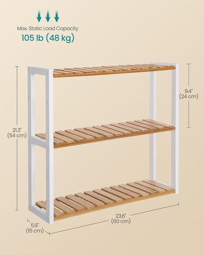 SONGMICS Bamboo Rolling Cart, 3-Tier Utility Cart on Wheels, Slim Narrow Storage Shelf, Bamboo Shelves, Space-Saving, Multifunctional, for Bathroom, Kitchen, White and Natural UBCB083N02