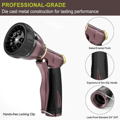 FANHAO Heavy Duty Garden Hose Nozzle, 100% Metal Water Nozzle with 8 Adjustable Spray Patterns, High Pressure Hose Sprayer with Non-Slip Grip for Watering Plants & Lawns, Washing Cars & Pets -Silver