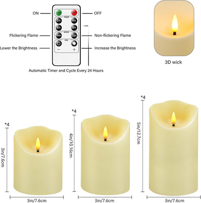 kakoya Flameless LED Candles Battery Operated with Remote and Timer,Flickering Electric Fake Plastic Pillar Candles Set of 12(D3 x H 3" 4" 5") Ivory