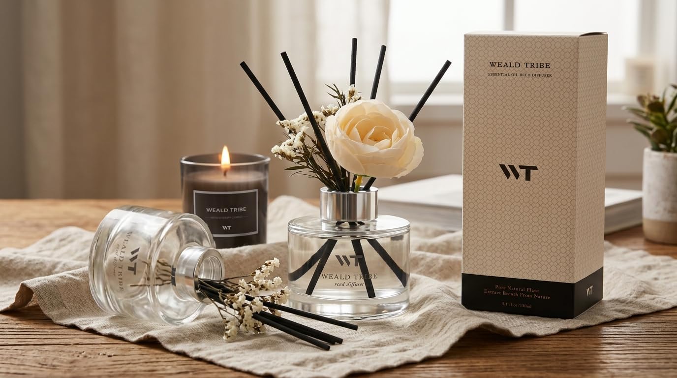 Flower Reed Diffuser Set Wild Eucalyptus Mint Scent for Bathroom Accessories Shelf Decor & Air Fresheners, Sticks Defusers with 5.1 fl oz Essential Oils & Leaves, House Bedroom Office Decor & Gifts
