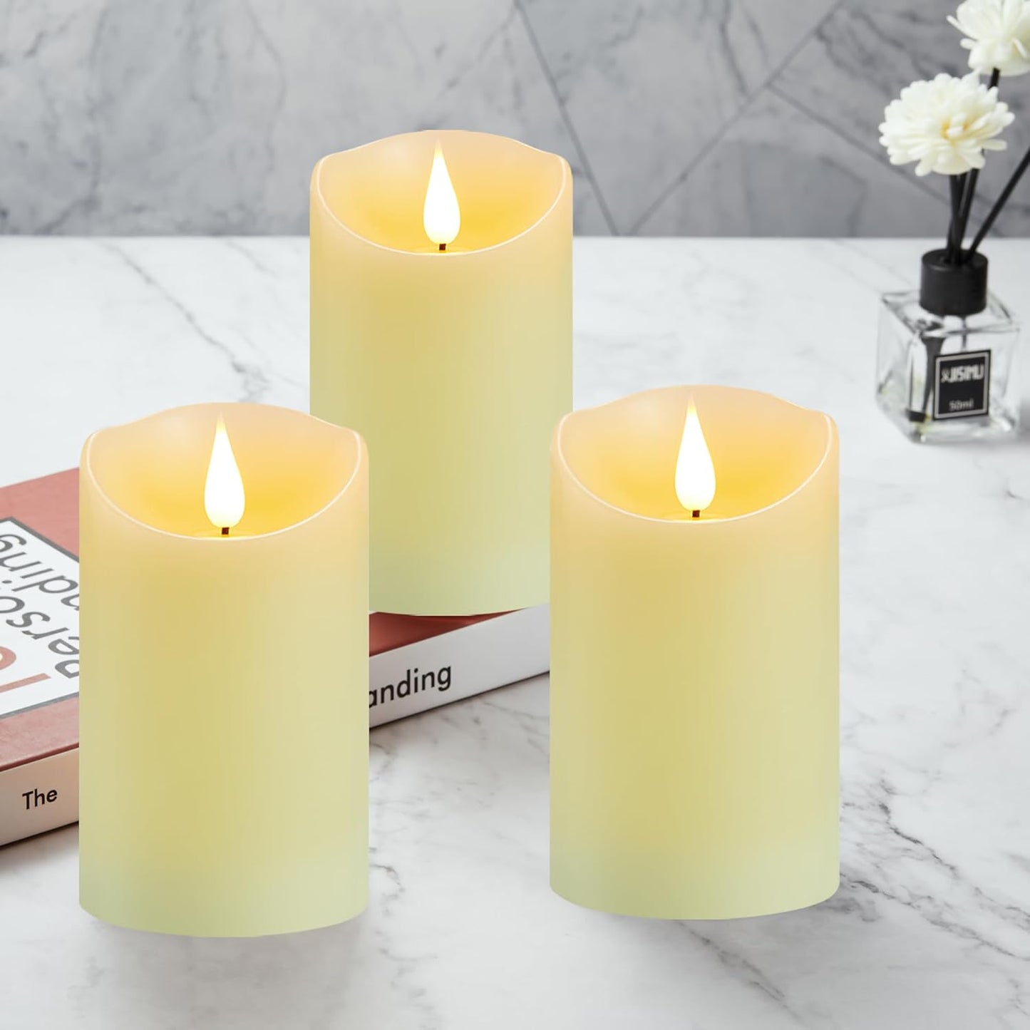 Flameless Candles, Battery Operated Candles with Remote and Timer, 3" x 4", Set of 2, LED Candles Flickering Electric Pillar Candles, Ivory Real Wax for Home Wedding Birthday Decoration
