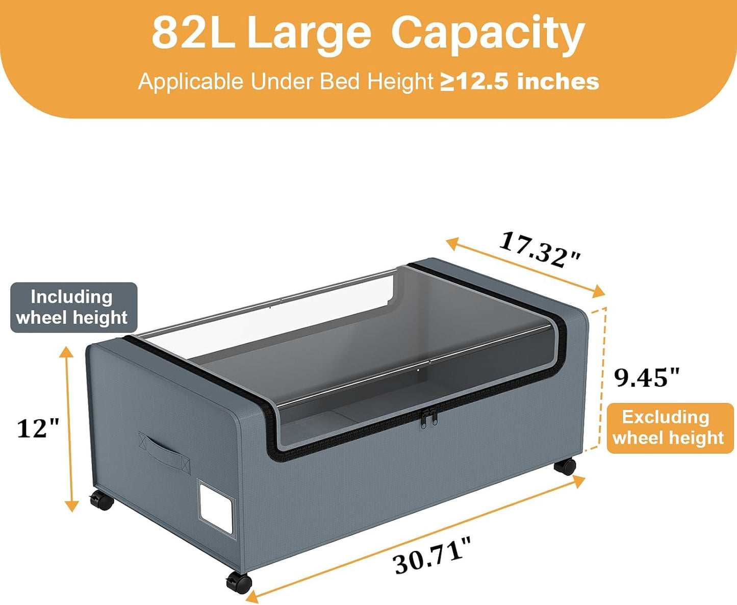Webetop Under Bed Storage Containers with Wheels,12 inch Under the Bed Storage Bins with Clear Lid for Underneath Small Spaces Dorms, Blankets (2 Pack, 30.7"x17.3"x12")