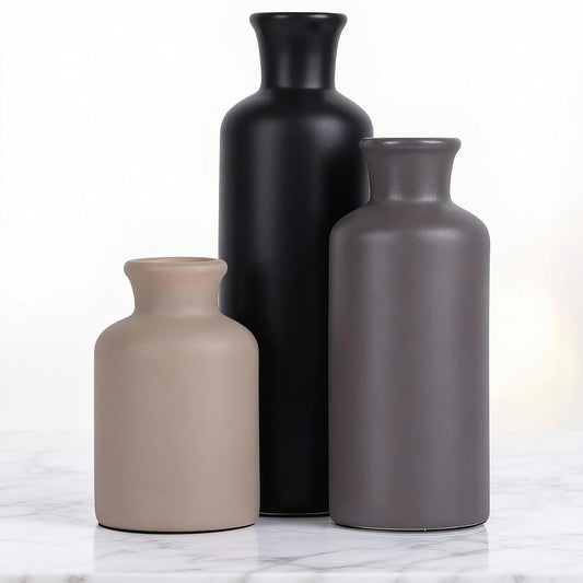 Ceramic Vase Set of 3 – Small Flower Vases, Modern Farmhouse Boho Flower Vases for Home Decor, Rustic Pottery Vases for Centerpieces, Living Room, Shelf, Fireplace, Entryway Decor, Table or Cabinet