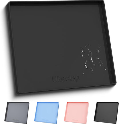 ukeetap Extra Thick Silicone Mat Waterproof with Raised Edge 19” x 12”, BPA Free Non-Slip Dog & Cat Food Mat, Feeding Mat for Food and Water Bowls, Spill Proof Mat to Protect Floors, Black