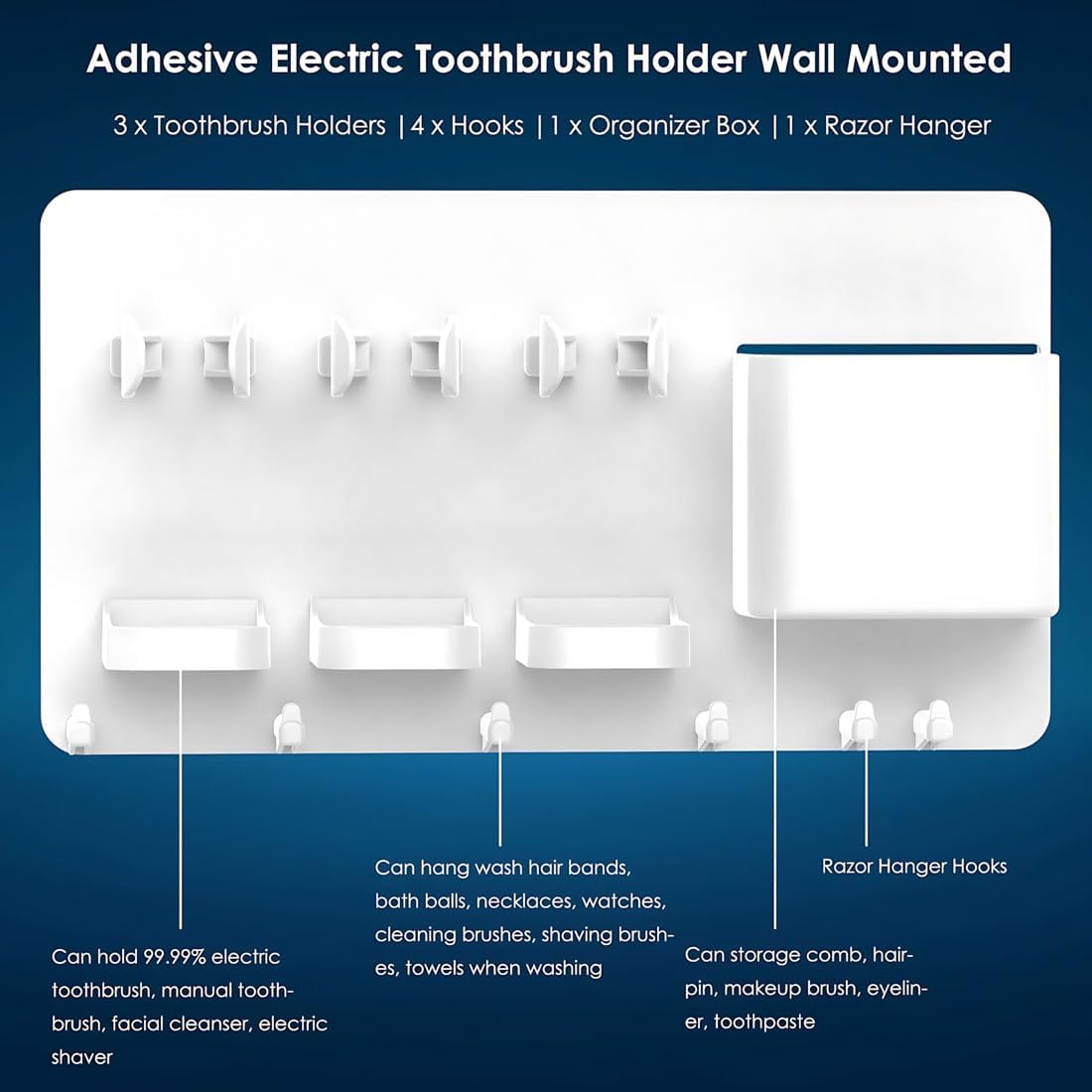 simpletome Adhesive Electric Toothbrush Holder Wall Mounted (White) | no drilling required | adhesive installation | 2pcs self-adhesive tape included | abs plastic | with 6hooks | razor hanger